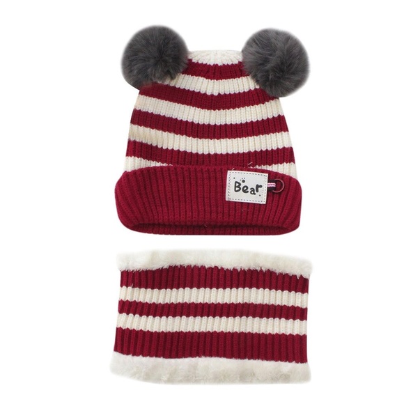 Infant Baby Red Striped Winter Hat & Ring Scarf Set - Picture 3 of 16